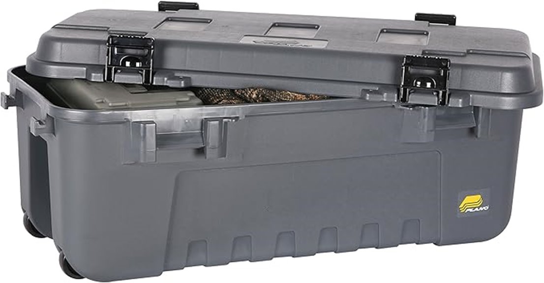 gray wheeled storage trunk